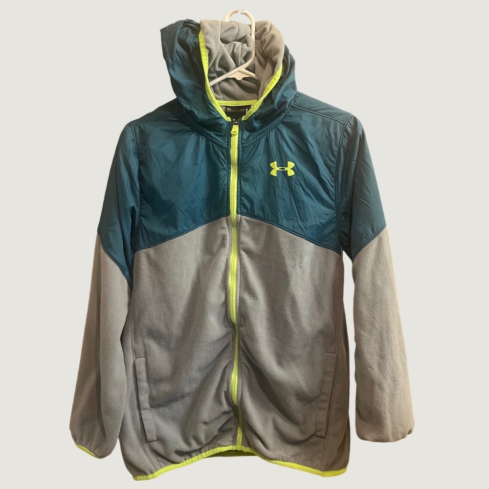 Under Armour Jacket Kids YXL Teal Grey ColdGear Hybrid Fleece Full Zip Hooded